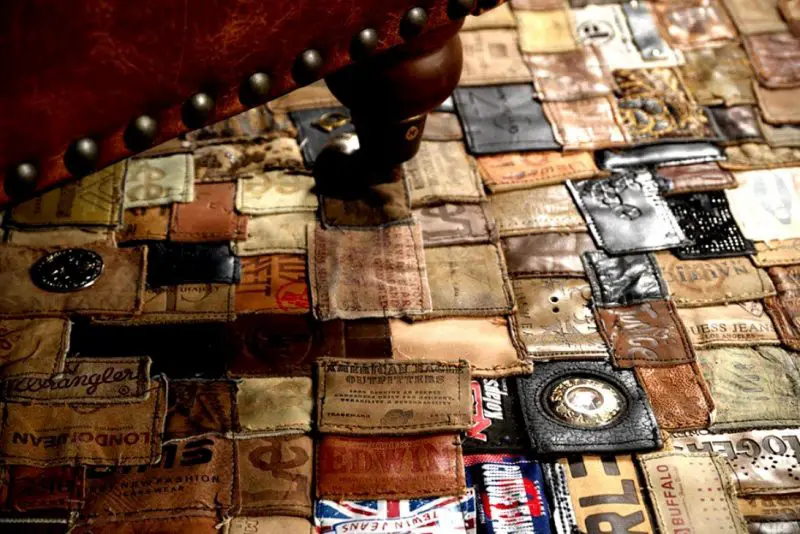 A rug made of leather labels