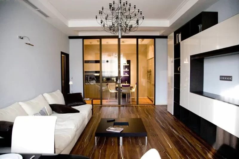 Modern rectangular living room on an area of 17 m2