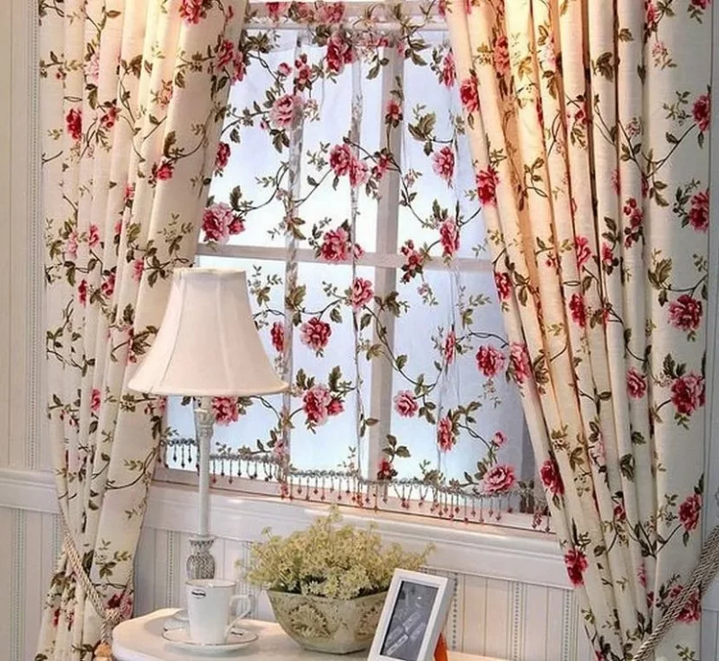 Beautiful windows with curtains with flowers